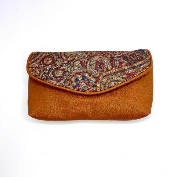 Handbags - Vintage Tapestry Wallet Faux Brown Leather Complete‎ Set Kiss Clasp Coin Key Fob